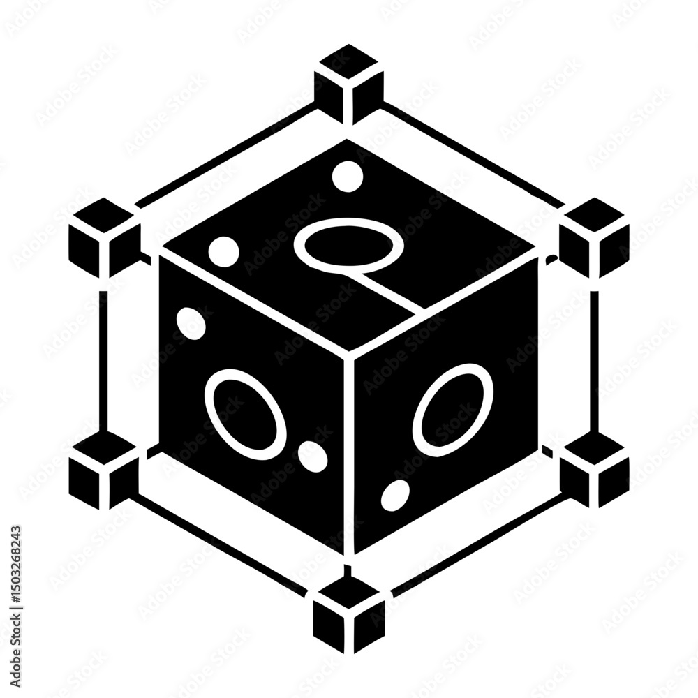 Poster abstract black cube with white circles connected by smaller cubes around it