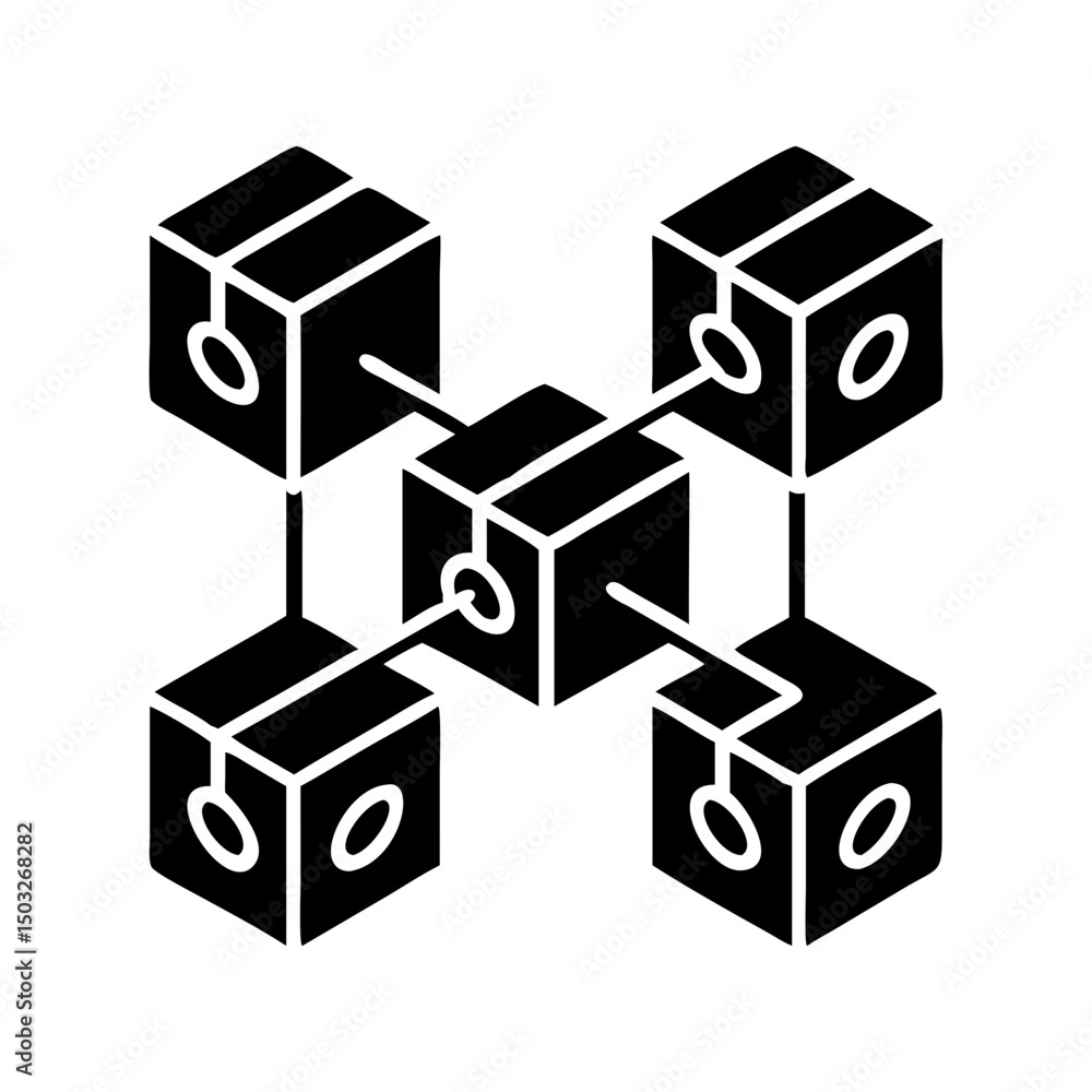 Poster interconnected cubes representing a network, blockchain technology or decentralized system, black on