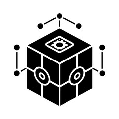 Black and white illustration of a futuristic cube with connected nodes