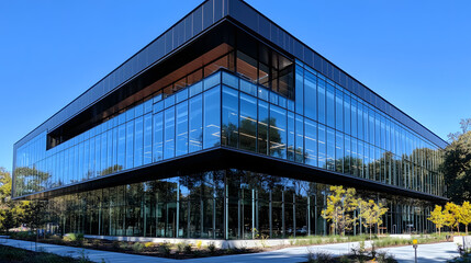 Fototapeta premium Modern glass office building with reflective windows and clear blue sky