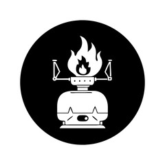 Stylized camping stove icon in black and white minimal design