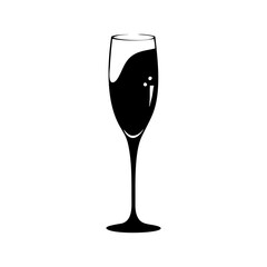 Elegant Black and White Illustration of a Filled Champagne Flute Glass
