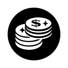 Stacks of shiny coins with dollar sign in a black circle backdrop