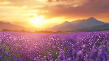 Fototapeta premium A serene lavender field in full bloom under a golden sunset