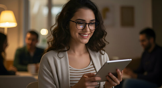 Smiling woman using tablet in modern office space late night work productivity