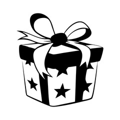 Black and white graphic of a gift box tied with a bow