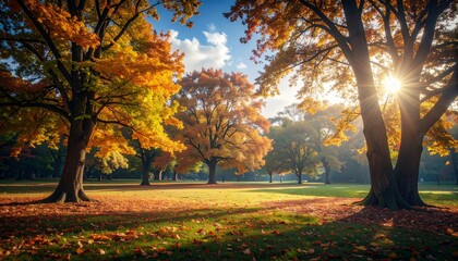 Autumn landscape, fall nature scene, beautiful autumnal park in golden sunset light