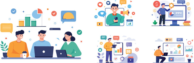 Set of digital business marketing flat vector illustration collection. Men and women taking part in business activities flat vector
