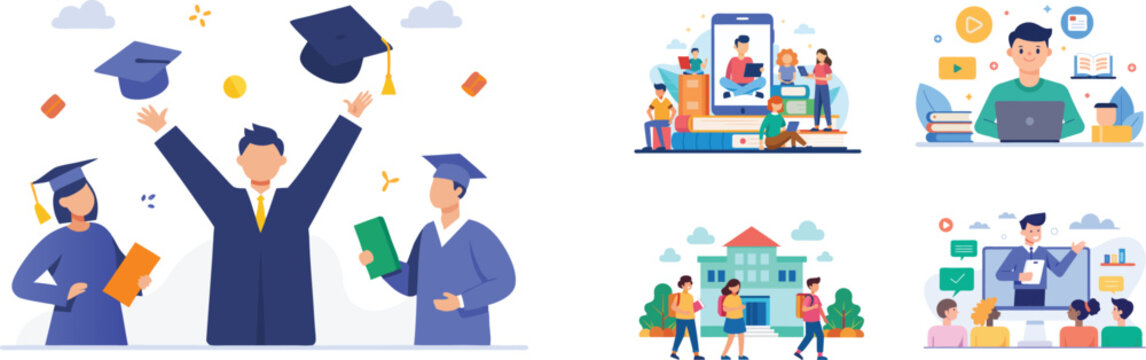 Abstract set of educational concept illustrations. People in various activities of education concept