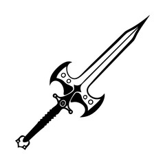 Detailed black and white drawing of an elaborate fantasy sword design