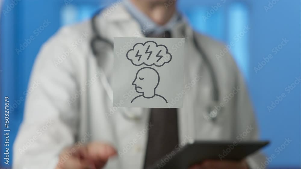 Poster doctor showing a post it and then using augmented reality on a tablet to explain chronic stress symp