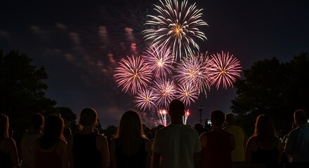 A compelling scene showing the backs of a diverse group of people (family or friends) as they stand or sit together, looking up in awe at a grand and spectacular 4th of July fireworks display illumina