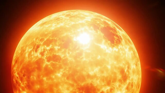 Spectacular orange sun displaying intense solar flares and textured surface activity. Massive celestial body radiates powerful energy with visible plasma movements and coronal mass ejections