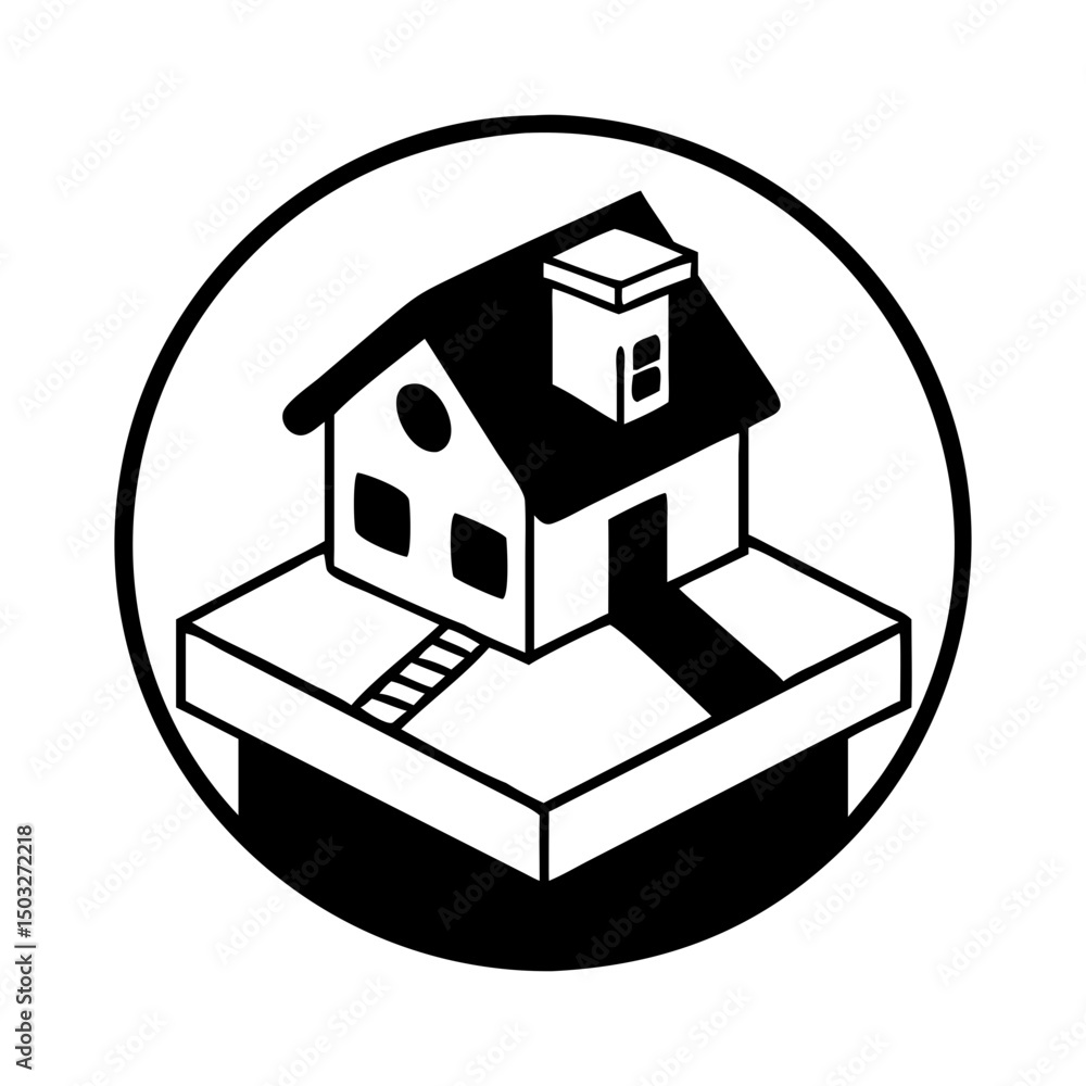 Poster monochrome isometric house on a platform within a circular frame design