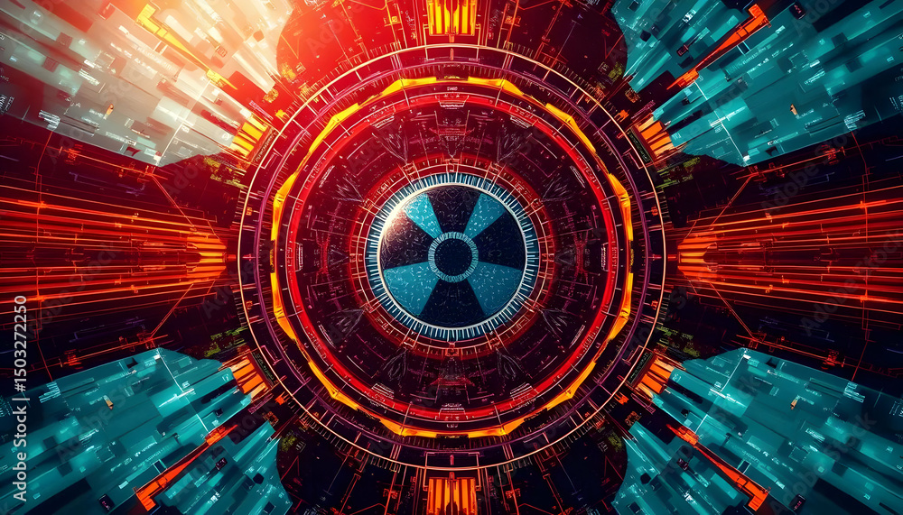 Poster abstract digital artwork featuring concentric circles and radial patterns with a nuclear symbol at t