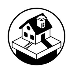 Monochrome isometric house on a platform within a circular frame design