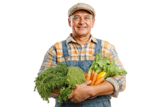 Happy senior farmer holding fresh vegetables - Powered by Adobe