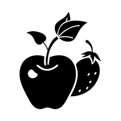 Simple black and white icon depiction of an apple and strawberry