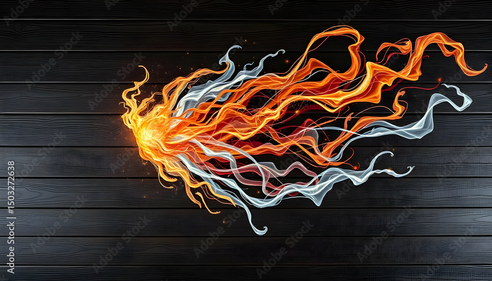 Poster dynamic abstract composition of fire and water bursting on a dark wood surface creating an energetic