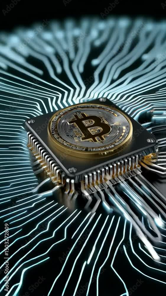 Poster closeup view of digital currency coin on a computer chip with electronic circuit board design elemen