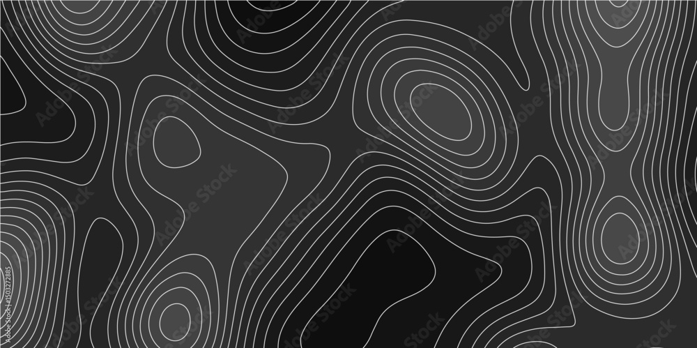 Poster Abstract white on black background Topographic line map pattern. Contour elevation topographic and textured Background Modern design with black background with topographic wavy patted.	