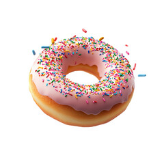 A single donut with pink frosting and colorful sprinkles on a black background in a studio shot