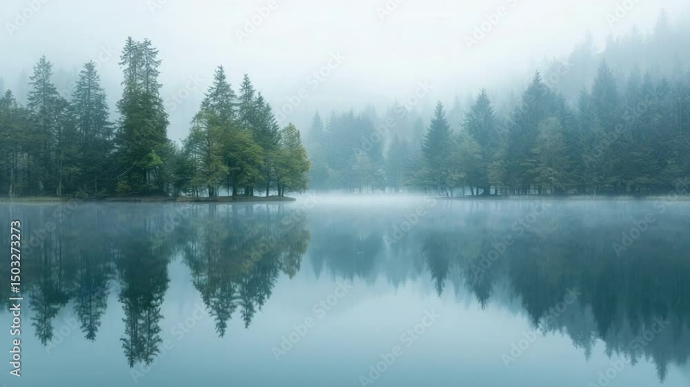 Poster serene misty lake surrounded by pine forest in early morning light with reflection of trees on calm 