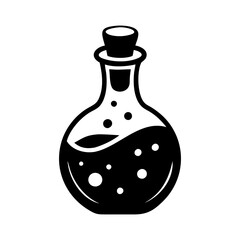 Stylized alchemic potion bottle with floating elements in black and white