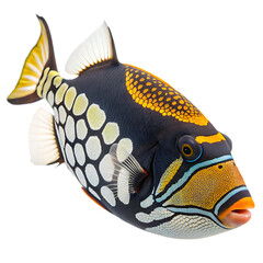 Colorful clown triggerfish with distinct spot patterns isolated on a transparent background