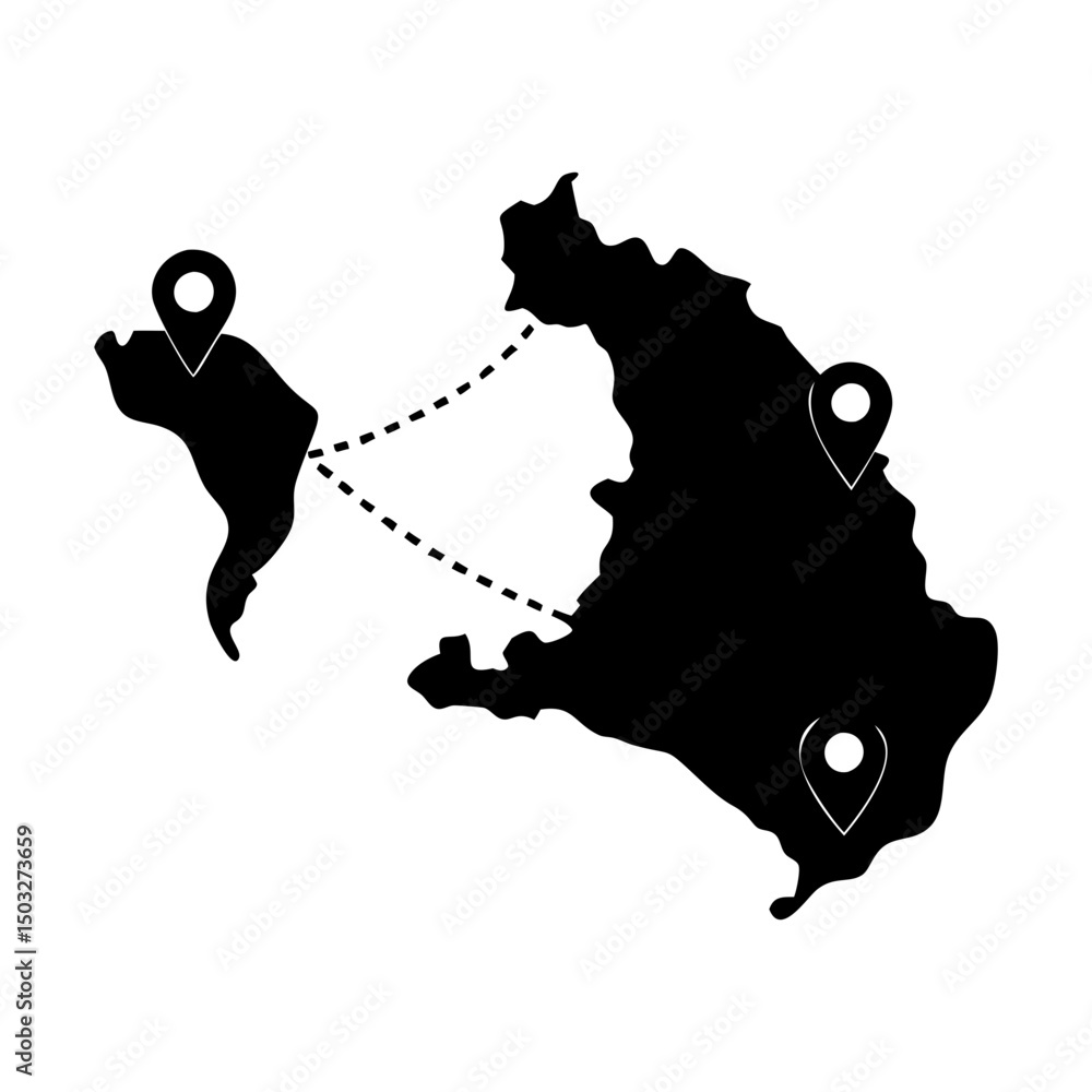 Poster geographic routes on map with location pins showcasing paths between locations