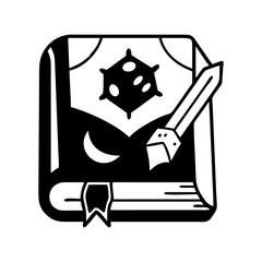 Monochromatic illustration of a fantasy book containing spells with a sword marking