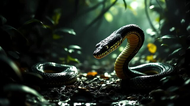  A king cobra poised to strike, its eyes fixed on a potential threat in the heart of the jungle, with the surrounding foliage creating a shadowy atmosphere.