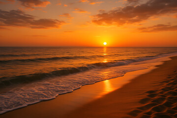 A peaceful and serene sunset on a beach, with soft waves and golden sky hues creating a calm atmosphere.