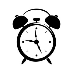 Alarm clock depicted in a simplistic black and white vector illustration