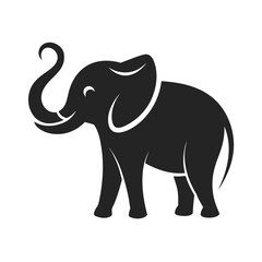 Simple silhouette of an elephant with curly trunk design on a clean white background