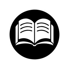 Simple black and white image of an open book inside a circle