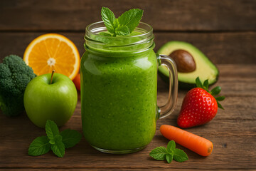 A refreshing healthy smoothie in a jar, featuring fresh ingredients and a bright, colorful presentation.