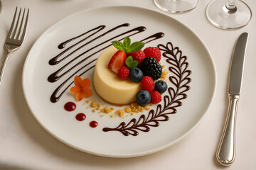 A sophisticated dessert artfully plated with fresh berries and chocolate drizzle, perfect for fine dining and culinary photography.
