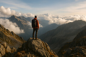 A scenic mountain hiking adventure, where a hiker enjoys the breathtaking view from the top of a rocky peak.