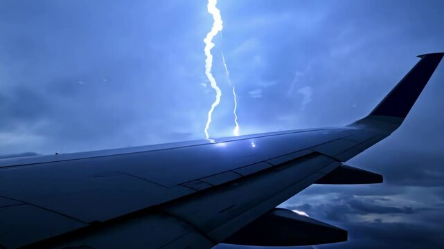Dramatic lightning bolts striking through stormy clouds illuminating commercial airplane wing during turbulent flight. The electric discharge creates spectacular natural phenomenon against dark sky.