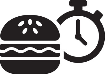Silhouette vector EPS of a burger with a countdown timer, symbolizing limited-time offers, fast food deals, and promotional meal events.