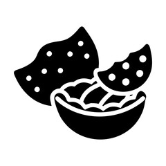 Black and white illustration of tortilla chips with salsa dip bowl