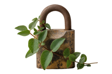 Old rusty padlock with green leaves
