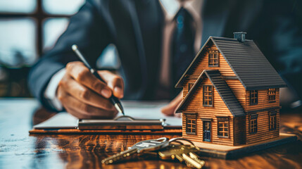 A person signs documents next to a model house and keys, symbolizing real estate, home buying, or property investment.