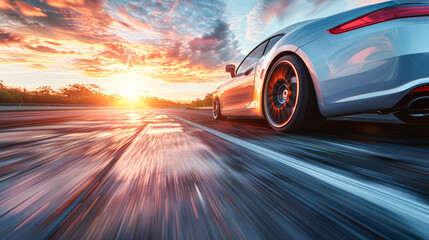 A sleek sports car speeds down an open road at sunset, with dramatic skies and motion blur emphasizing its velocity and style.
