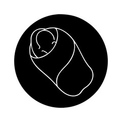 Infant swaddled in a blanket depicted with minimal white lines on black background
