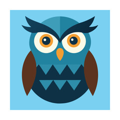 Flat design illustration of a blue owl with big eyes on a square light blue background