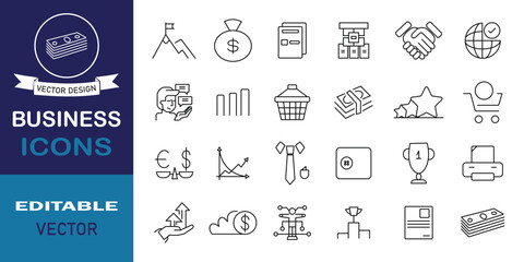 Business web icon set in line style. Set of 24 business icons with money, contact, bank, check, law, exchange, payment, wallet, deposit, growth analysis and more. Stock vector illustration.