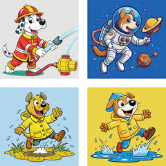 Cartoon Dogs Playing Dress Up As A Fireman Astronaut And Rain Splashing