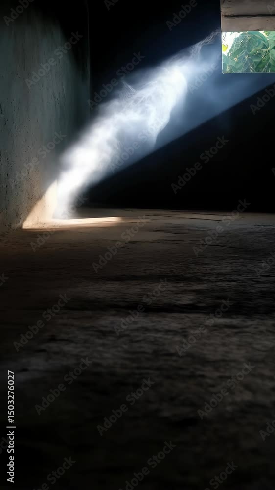 Poster illuminated beam shines into empty room with sunlight through window, highlighting texture on wall a